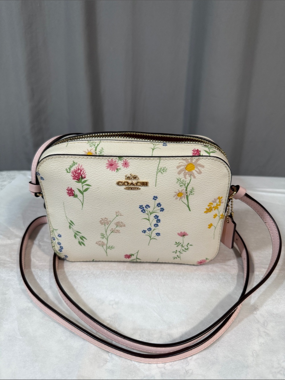Coach Floral Mini Jamie Camera Bag - Cream with Pink Strap